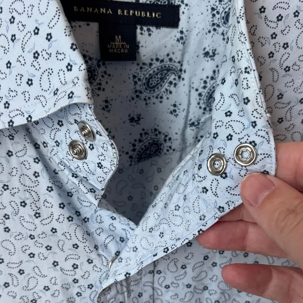 Banana Republic Men Pearl snap western Blue paisley button down Shirt medium EUC